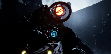 Canyon path with orbital drone and glowing core