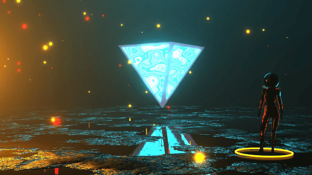 Astronaut facing a glowing crystalline pyramid