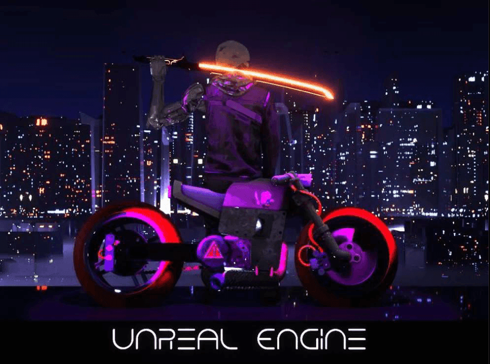 Cyberpunk rider with neon motorcycle — Unreal Engine render