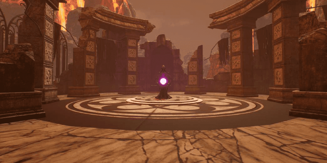 Stone ritual arena with glowing purple orb