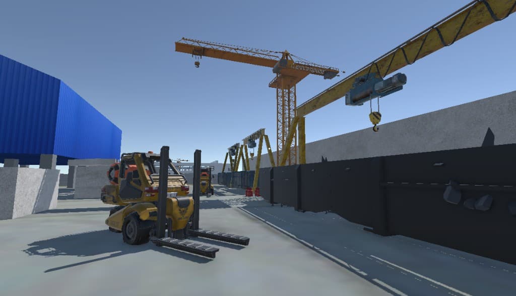 Facility yard with forklifts and cranes